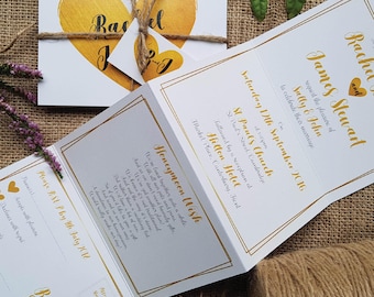 Gold Heart Wedding Invitation Set In Any Colour - Pink Navy Concertina Trifold Wedding Invites With Tags, Twine & Envelopes