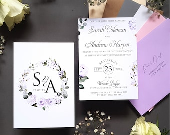 lavender Lilac Wedding Invitation Set or Evening Invitation, Reception Invites Including Envelopes, A6 Flat Card Wedding Invites