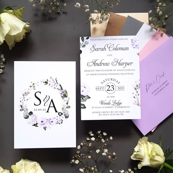 lavender Lilac Wedding Invitation Set or Evening Invitation, Reception Invites Including Envelopes, A6 Flat Card Wedding Invites