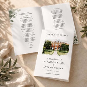 May include: A wedding order of service booklet featuring a watercolour illustration of a brick manor house on the cover. The interior pages display printed text including the title Order of Service, the names Sarah Coleman and Andrew Harper, and hymns.