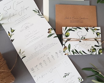Olives Wedding Invitation Set  - Concertina Trifold Wedding Invites With Tags, Rustic Twine & Envelopes - Destination Wedding Abroad