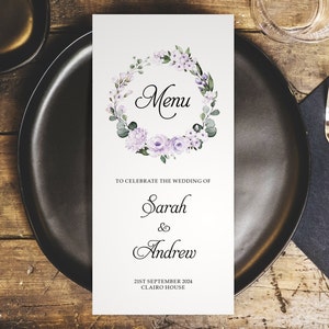 Menus de mariage lilas - Menus au format DL - Menus de mariage personnalisés pour le lieu - Décorations de table de mariage