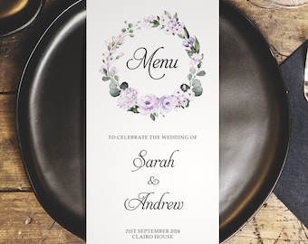 Lilac Wedding Menus - DL Size Menus - Personalised Wedding Menus for the venue - Wedding Table Decorations