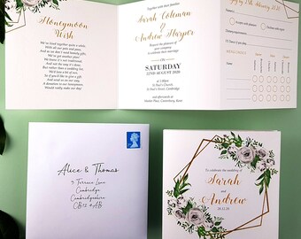 Weiße Rosen & Gold Hochzeitseinladungs-Set - Dreifach gefaltete Luxushochzeit lädt ein - Florale Luxushochzeit lädt ein