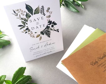 Greenery Wreath Save the Date Cards or Save the Evening or Weekend With Envelopes - Save the Dates Wedding Announcement