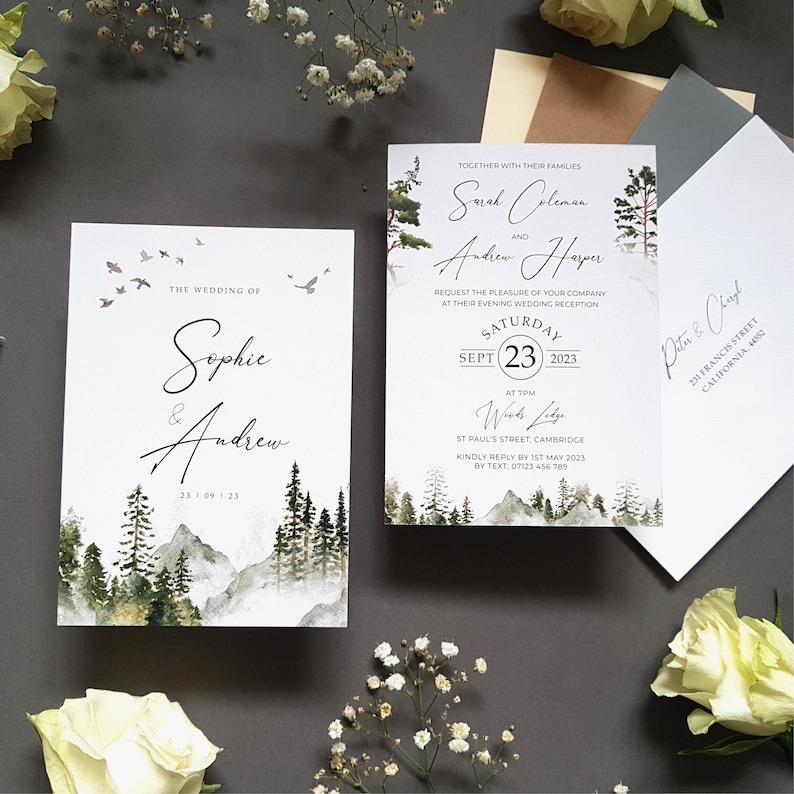 Wedding Invitation Woodland Forest With Pine Trees & Mountains Concertina Trifold Wedding Invite With Tags, Rustic Twine and Envelopes image 5