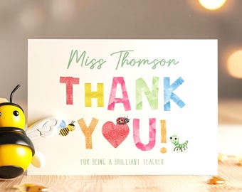 Teacher Thank you Card Personalised With Choice of Envelopes - A6 Size with name of school or name of teacher