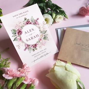Floral rose, réservez des cartes ou réservez une soirée ou un week-end avec des enveloppes - faites-part de mariage réservez vos dates - pivoines