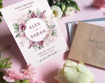 Pink Floral Save the Date Cards or Save the Evening or Weekend With Envelopes - Save the Dates Wedding Announcement - Peonies