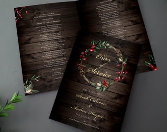 Dark Winter Order of Service for Weddings | Order of the Day | A4 folded to A5 Wedding Programmes printed on all sides - Holly, berries
