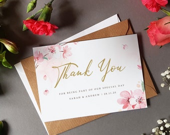 Tarjetas de agradecimiento de boda con flor de cerezo con sobres: cualquier mensaje de agradecimiento o mensaje de favor de boda