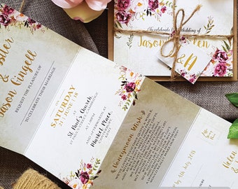 Blush Floral Wedding Invitation Set  With Envelopes, Tag & Rustic Rustic Twine. Menu Choices  Concertina Wedding Invites Evening Invitation