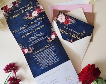 Blue Floral Wedding Invites, Burgundy Concertina Trifold Wedding Invitation Set Or Reception Invites With Envelopes,