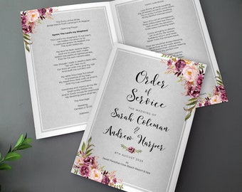 Grey Blush Floral Order of Service for Weddings | Order of the Day | A4 folded to A5 Wedding Programmes or booklets