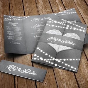 Set di inviti per matrimonio a forma di cuore con buste + fascia per pancia - Inviti per matrimonio con pieghevoli e lucine - Inviti per matrimonio di lusso - Qualsiasi colore