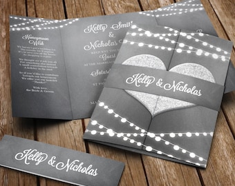 Heart Wedding Invitation Set  With Envelopes + Bellyband - Gatefold Wedding Invites with Fairylights - Luxury Wedding Invites - Any Colour