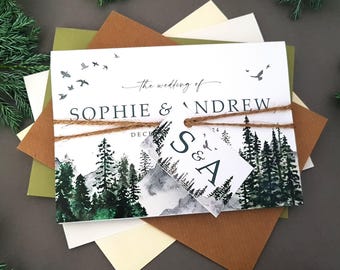 Forest Wedding Invitations – Woodland Mountain Concertina Invite Set with Rustic Twine & Tags, Customisable Rustic Outdoor Invites