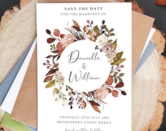 Wild Autumn Save the Date Cards with Envelopes | Autumn leaves, Burgundy, Orange Save the Dates Wedding Announcement