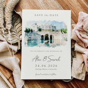 venue illustration save the date cards including envelopes, venue sketch watercolour save the dates or save the evening