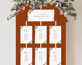 Boho Autumn Wedding Table Plan Cards: Burnt Orange Floral Seating Chart