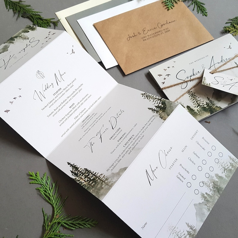 Wedding Invitation Woodland Forest With Pine Trees & Mountains Concertina Trifold Wedding Invite With Tags, Rustic Twine and Envelopes image 3