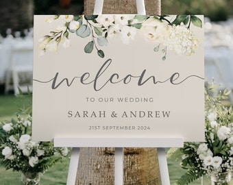 Wedding Welcome Sign, A1, A2 Personalised Wedding Signs, Wedding Decor, Wedding Gift, Welcome Wedding Board, White Floral Wedding Sign