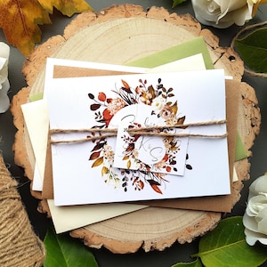 Invitaciones de boda de otoño con etiquetas personalizadas, cordel rústico y sobres: invitaciones de boda de lujo estilo boho boho con diseño floral en forma de acordeón otoñal