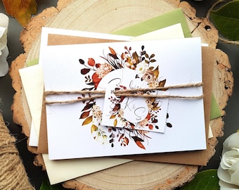 Autumn Wedding Invitations With personalised Tags, Rustic Twine & Envelopes - Luxury Bohemian boho Floral Fall Concertina wedding invites