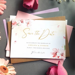 Kirschblüte Save the Date Cards oder speichern Sie den Abend oder das Wochenende mit Umschlägen - jede Farbe oder Nachricht - Floral Save the Date Hochzeitskarte