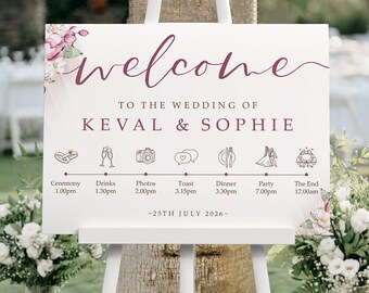 Pink & White Floral Order of the Day Wedding Welcome Sign In Any Colour, A1, A2 Personalised Wedding Signs, Welcome Wedding Board