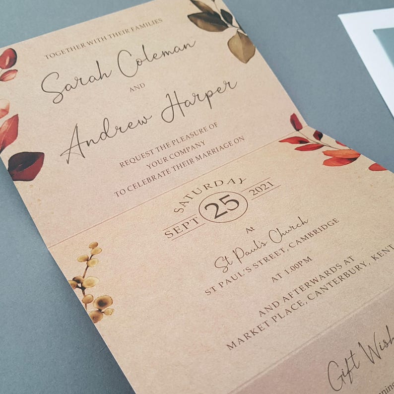Rustic Autumn Fall Wedding Invitation Set , Eucalyptus Concertina Trifold Luxury Wedding Invites With Personalised Tag, Twine & Envelopes image 6