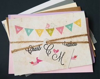 Bunting Wedding Invitation Set  - Rustic Vintage Concertina Trifold With Envelopes, Kraft Wedding Invites Set