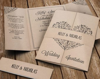 Rustic Heart Wedding Invitation Set With Envelopes + Bellyband - Gatefold Wedding Invites - Luxury Wedding Invites - Any Colour