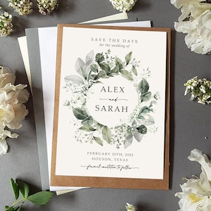 Greenery Save the Date Cards or Save the Evening With Envelopes for Wedding - Gypsophila Sage Green Eucalyptus & Baby's Breath