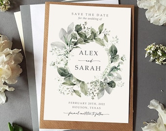 Greenery Save the Date Cards, Baby's Breath Gypsophila Sage Green Eucalyptus Save the Dates Card or Save the Evening With Envelopes