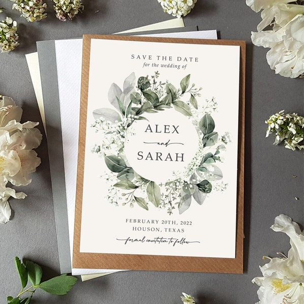 Greenery Save the Date Cards or Save the Evening With Envelopes for Wedding - Gypsophila Sage Green Eucalyptus & Baby's Breath