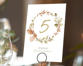 Autumn Fall Table Numbers or Table Names | Eucalyptus with Any Colour Font | A5 double sided cards | Weddings | Dinner or Gala Event