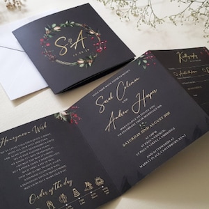 Winter Wedding Invitation Set with Choice of Envelopes Trifold Luxury Wedding Invites Christmas Wedding with Holly and Berries 画像 3