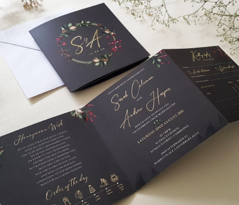 Winter Wedding Invitation Set with Choice of Envelopes Trifold Luxury Wedding Invites Christmas Wedding with Holly and Berries 画像 3