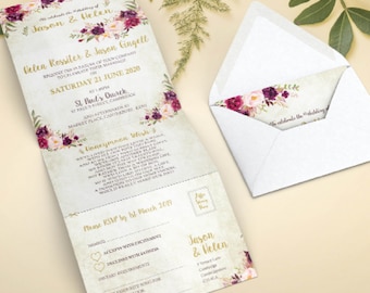 Wild Floral Wedding Invitation Set,  Concertina Trifold Wedding Invites Or Reception Invites With Envelopes,  RSVP & Guest Info