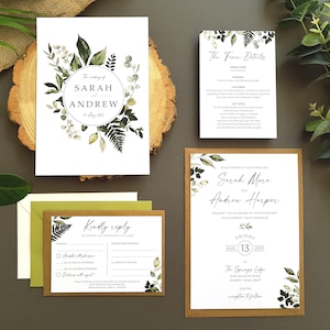 Greenery Wreath Wedding Invitation Set  With Finer Details, Menu Choices, RSVP + Menu & Choice of Envelopes - A5 Luxury Wedding Invites