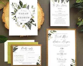 Greenery Wreath Wedding Invitation Set  With Finer Details, Menu Choices, RSVP + Menu & Choice of Envelopes - A5 Luxury Wedding Invites