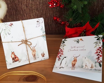 Christmas Card Pack - Set of 6 Xmas Cards Animals Woodland Set - Includes White Laid Envelopes - 2 designs