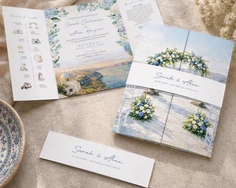Custom Venue Watercolour Wedding Invitation Set | personalised Photo Gatefold Stationery | Blue Hydrangea