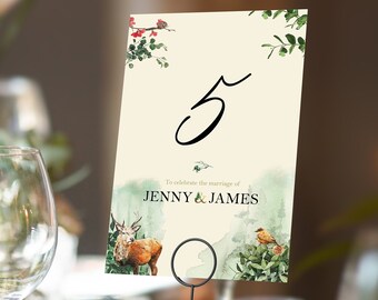 Woodland Forest Table numbers or Table Names | Any Colour Font | A5 double sided cards | Weddings | Dinner or Gala Event