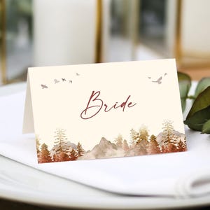 Cartões de lugar de outono | Impressão do nome do convidado incluída + opções de menu | Configurações de lugar para casamento na floresta | Fonte de qualquer cor | Cartões de lugar com nome