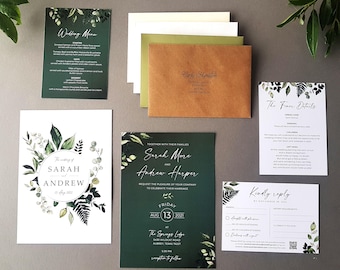 Greenery Wedding Invitation Set  With Finer Details, Menu Choices, RSVP + Menu & Choice of Envelopes - A5 Luxury Wedding Invites