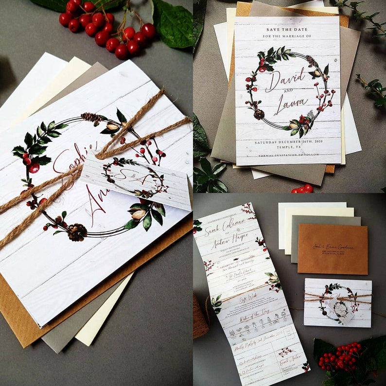 winter white wedding invitations in concertina style featuring holly and greenery with rusti twine and personalised tag. Panels include menu, menu choices, gift wish, rsvp and other finer details.