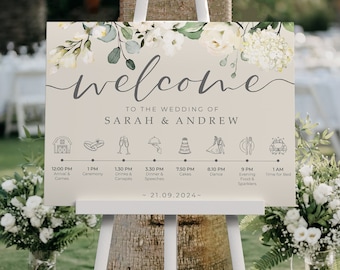Order of the Day Wedding Welcome Sign, A1, A2 Personalised Wedding Signs, Wedding Decor, Welcome Wedding Board, White Floral Wedding Sign
