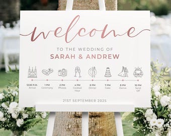 Rose Gold Order of the Day Wedding Welcome Sign In Any Colour, A1, A2 Personalised Wedding Signs, Welcome Wedding Board